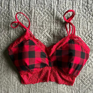 Lucky Brand Red Black Check Lace Bralette Size Large‎